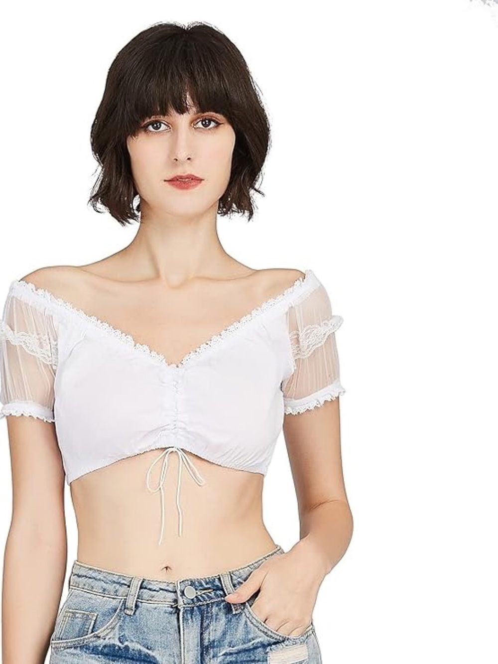 Oktoberfest Blouse Dirndl Dress Crop Top Women’s Size S White Lace Sleeves Sexy